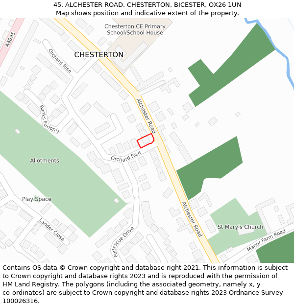 45, ALCHESTER ROAD, CHESTERTON, BICESTER, OX26 1UN: Location map and indicative extent of plot
