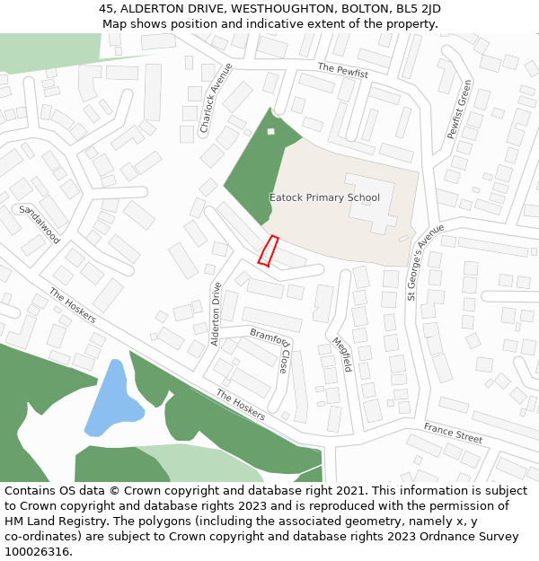 45, ALDERTON DRIVE, WESTHOUGHTON, BOLTON, BL5 2JD: Location map and indicative extent of plot