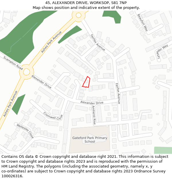 45, ALEXANDER DRIVE, WORKSOP, S81 7NP: Location map and indicative extent of plot