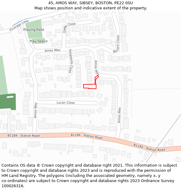 45, AMOS WAY, SIBSEY, BOSTON, PE22 0SU: Location map and indicative extent of plot