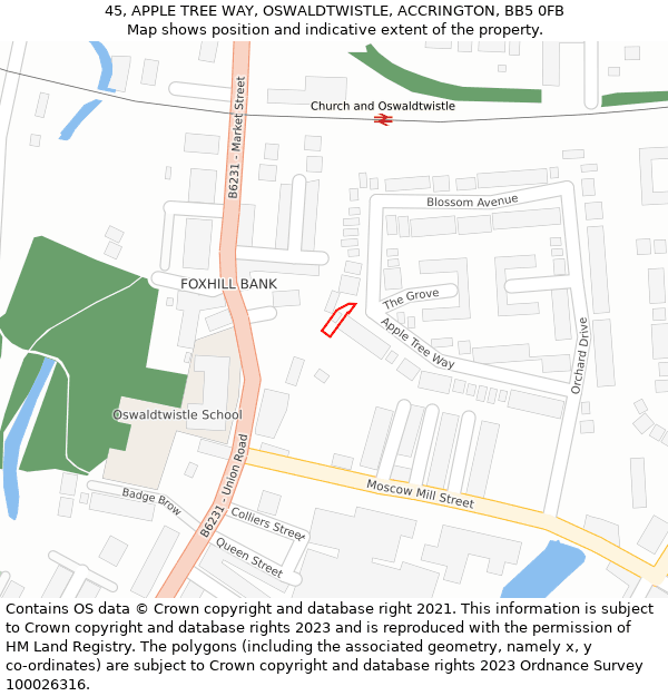 45, APPLE TREE WAY, OSWALDTWISTLE, ACCRINGTON, BB5 0FB: Location map and indicative extent of plot