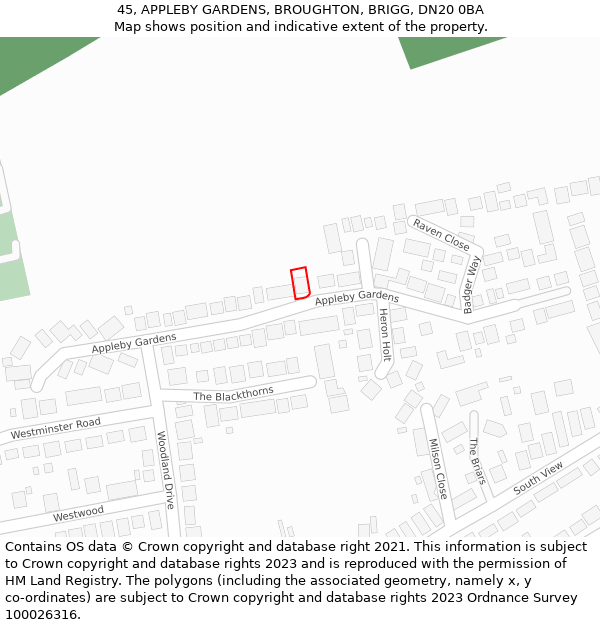 45, APPLEBY GARDENS, BROUGHTON, BRIGG, DN20 0BA: Location map and indicative extent of plot