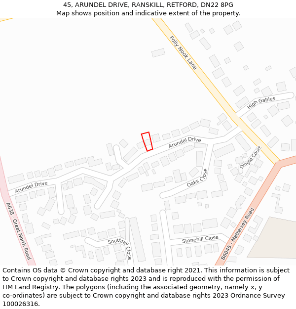 45, ARUNDEL DRIVE, RANSKILL, RETFORD, DN22 8PG: Location map and indicative extent of plot