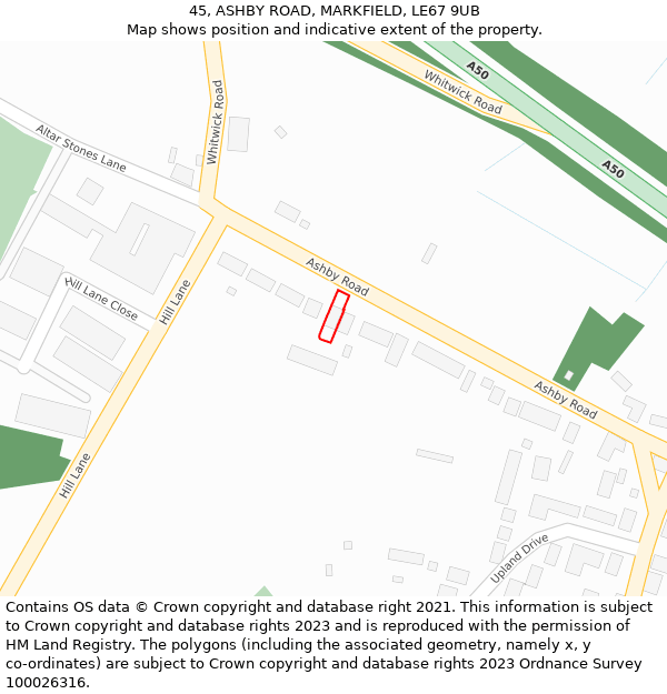 45, ASHBY ROAD, MARKFIELD, LE67 9UB: Location map and indicative extent of plot