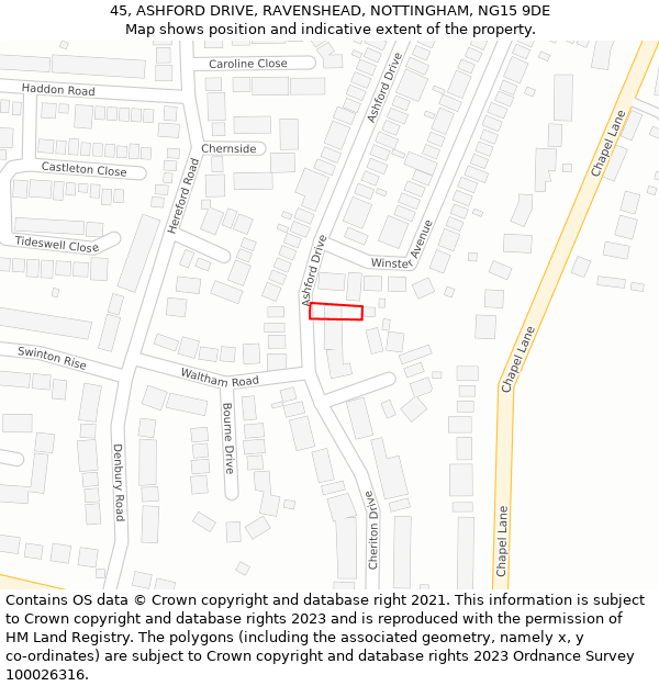 45, ASHFORD DRIVE, RAVENSHEAD, NOTTINGHAM, NG15 9DE: Location map and indicative extent of plot