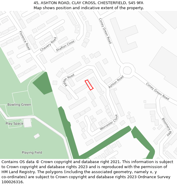 45, ASHTON ROAD, CLAY CROSS, CHESTERFIELD, S45 9FA: Location map and indicative extent of plot