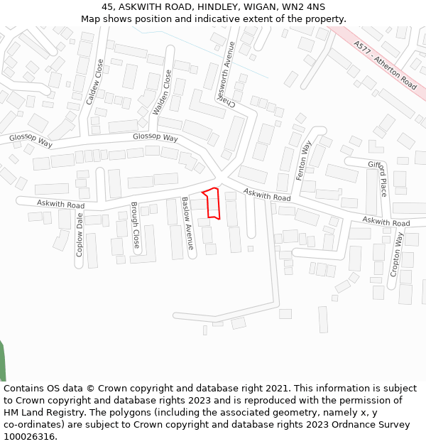 45, ASKWITH ROAD, HINDLEY, WIGAN, WN2 4NS: Location map and indicative extent of plot
