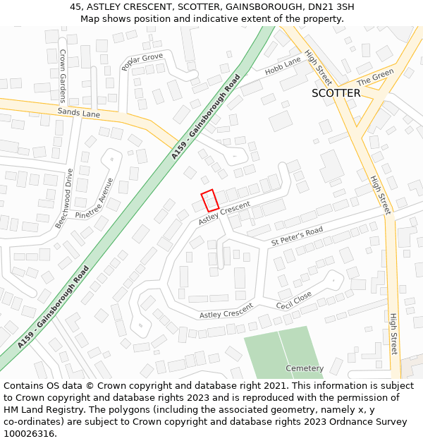 45, ASTLEY CRESCENT, SCOTTER, GAINSBOROUGH, DN21 3SH: Location map and indicative extent of plot