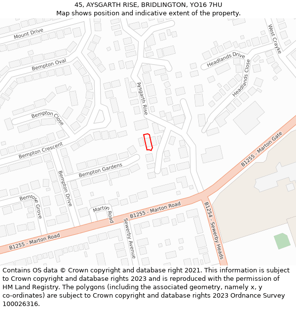 45, AYSGARTH RISE, BRIDLINGTON, YO16 7HU: Location map and indicative extent of plot