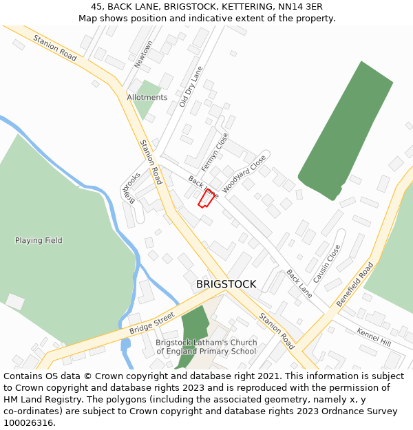 45, BACK LANE, BRIGSTOCK, KETTERING, NN14 3ER: Location map and indicative extent of plot