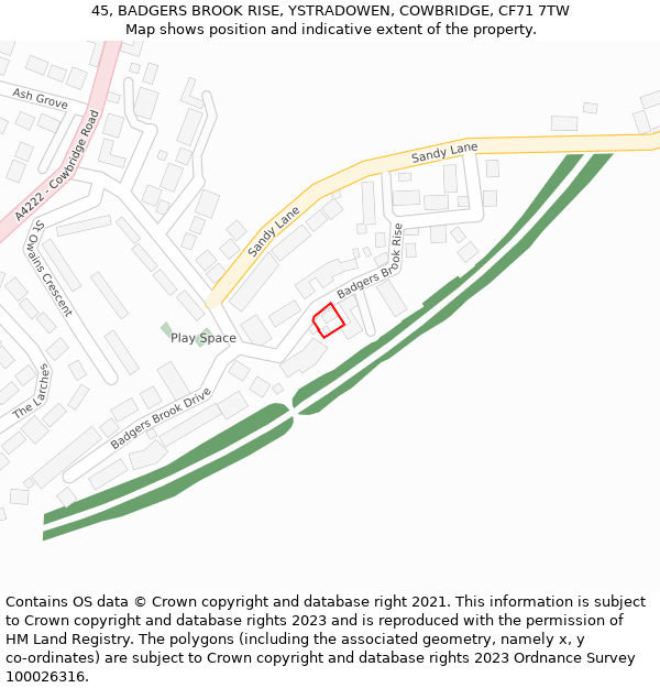 45, BADGERS BROOK RISE, YSTRADOWEN, COWBRIDGE, CF71 7TW: Location map and indicative extent of plot