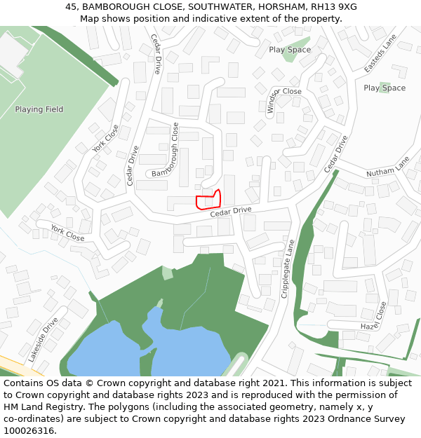 45, BAMBOROUGH CLOSE, SOUTHWATER, HORSHAM, RH13 9XG: Location map and indicative extent of plot