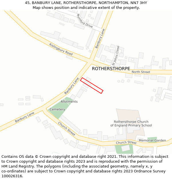 45, BANBURY LANE, ROTHERSTHORPE, NORTHAMPTON, NN7 3HY: Location map and indicative extent of plot