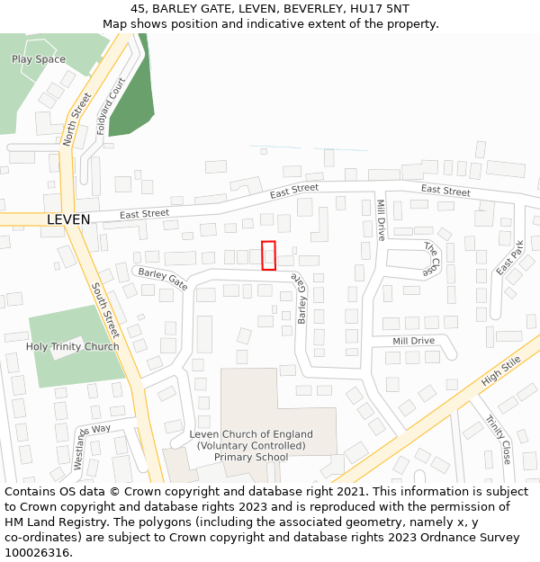 45, BARLEY GATE, LEVEN, BEVERLEY, HU17 5NT: Location map and indicative extent of plot