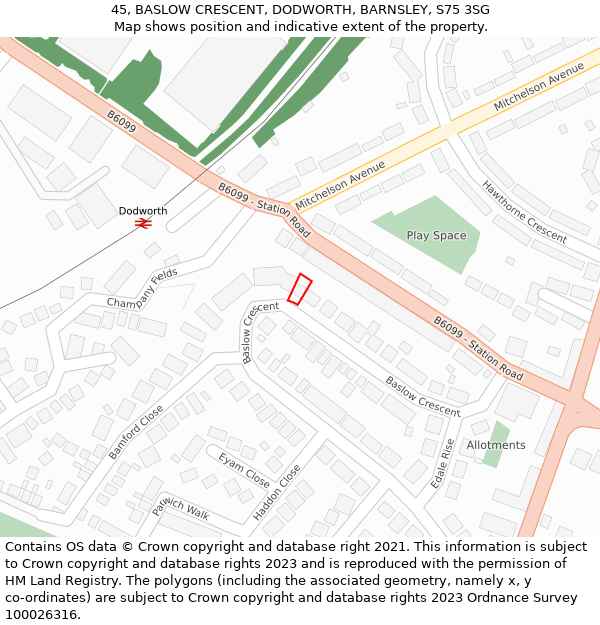 45, BASLOW CRESCENT, DODWORTH, BARNSLEY, S75 3SG: Location map and indicative extent of plot