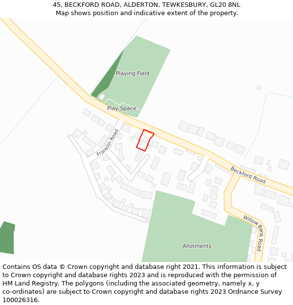 45, BECKFORD ROAD, ALDERTON, TEWKESBURY, GL20 8NL: Location map and indicative extent of plot