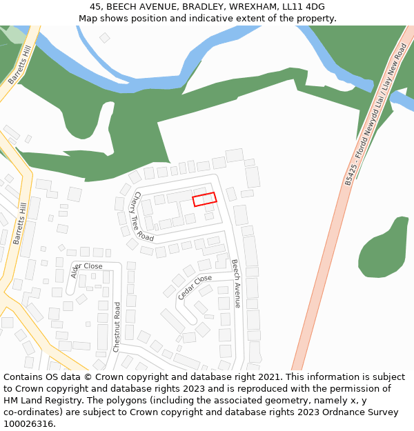 45, BEECH AVENUE, BRADLEY, WREXHAM, LL11 4DG: Location map and indicative extent of plot