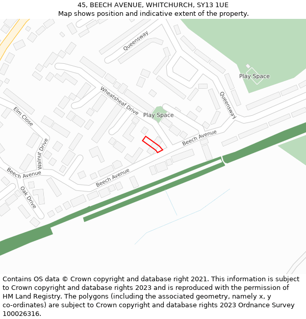 45, BEECH AVENUE, WHITCHURCH, SY13 1UE: Location map and indicative extent of plot