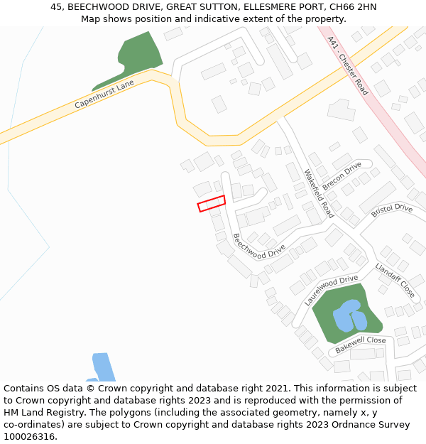 45, BEECHWOOD DRIVE, GREAT SUTTON, ELLESMERE PORT, CH66 2HN: Location map and indicative extent of plot