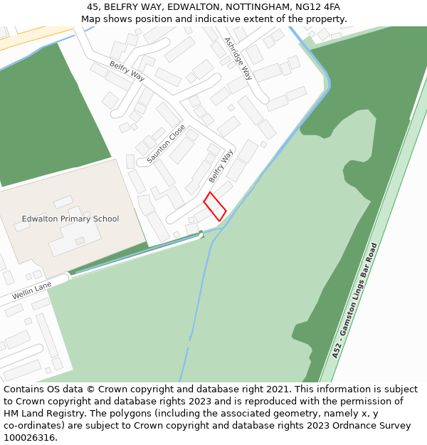 45, BELFRY WAY, EDWALTON, NOTTINGHAM, NG12 4FA: Location map and indicative extent of plot