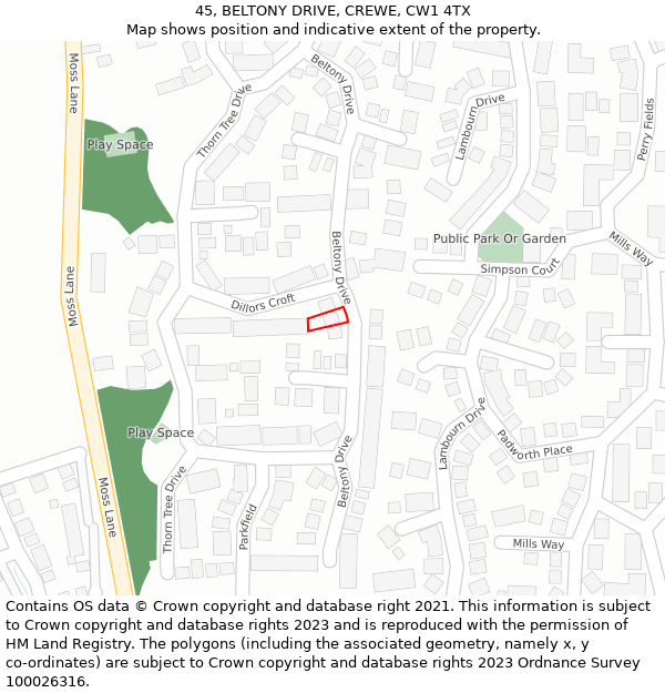 45, BELTONY DRIVE, CREWE, CW1 4TX: Location map and indicative extent of plot