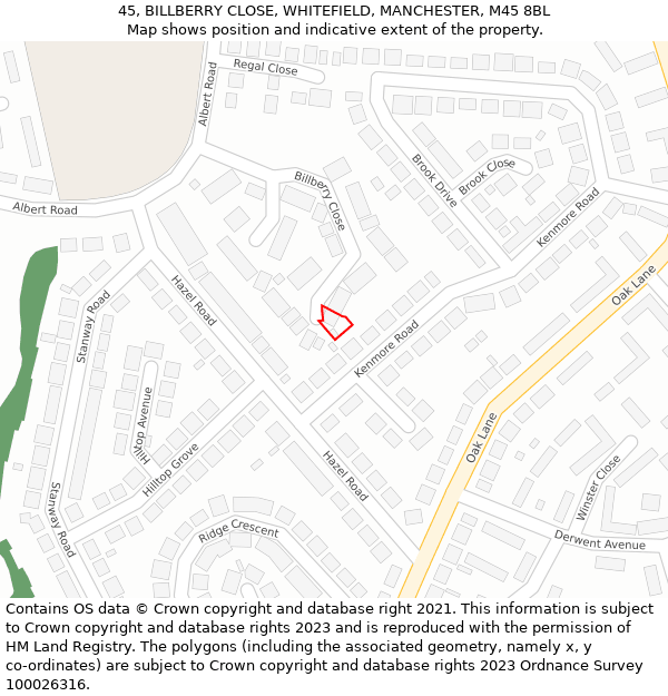 45, BILLBERRY CLOSE, WHITEFIELD, MANCHESTER, M45 8BL: Location map and indicative extent of plot