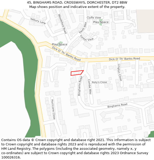 45, BINGHAMS ROAD, CROSSWAYS, DORCHESTER, DT2 8BW: Location map and indicative extent of plot
