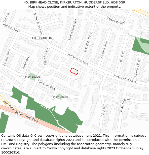 45, BIRKHEAD CLOSE, KIRKBURTON, HUDDERSFIELD, HD8 0GR: Location map and indicative extent of plot