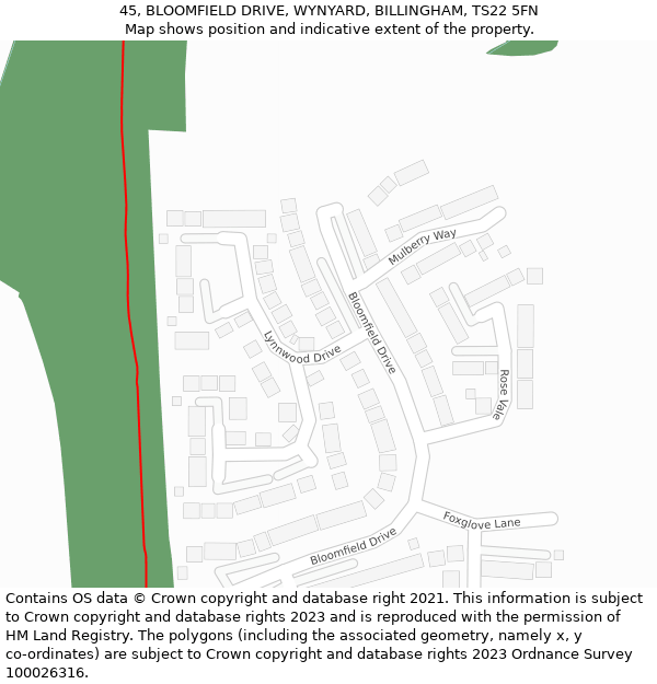 45, BLOOMFIELD DRIVE, WYNYARD, BILLINGHAM, TS22 5FN: Location map and indicative extent of plot