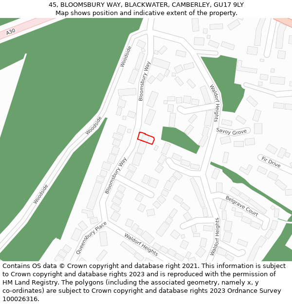 45, BLOOMSBURY WAY, BLACKWATER, CAMBERLEY, GU17 9LY: Location map and indicative extent of plot