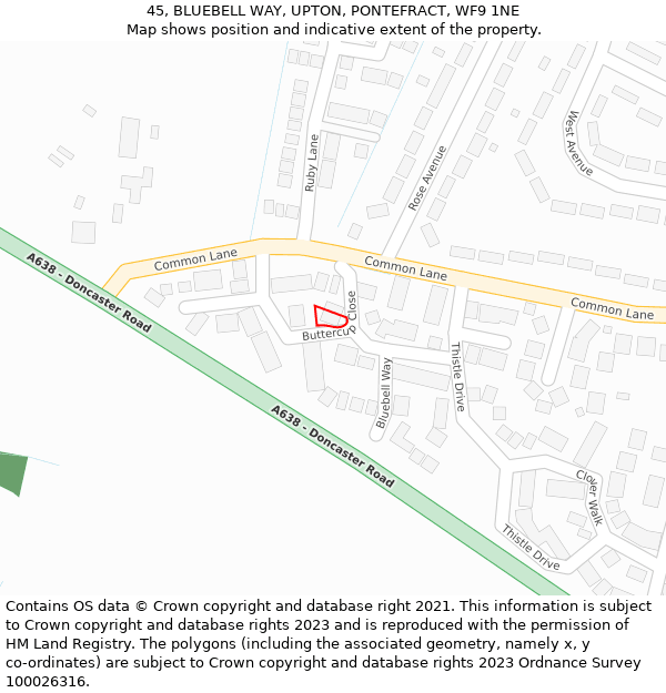 45, BLUEBELL WAY, UPTON, PONTEFRACT, WF9 1NE: Location map and indicative extent of plot