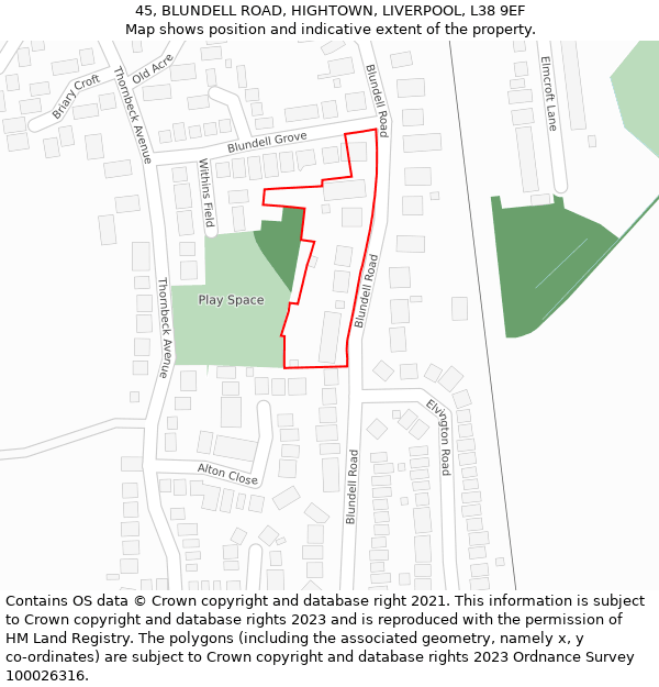 45, BLUNDELL ROAD, HIGHTOWN, LIVERPOOL, L38 9EF: Location map and indicative extent of plot