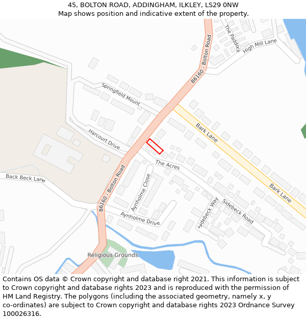 45, BOLTON ROAD, ADDINGHAM, ILKLEY, LS29 0NW: Location map and indicative extent of plot