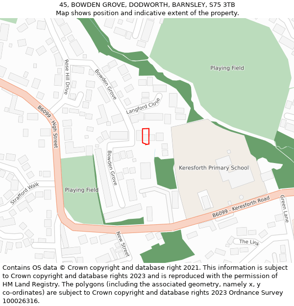 45, BOWDEN GROVE, DODWORTH, BARNSLEY, S75 3TB: Location map and indicative extent of plot