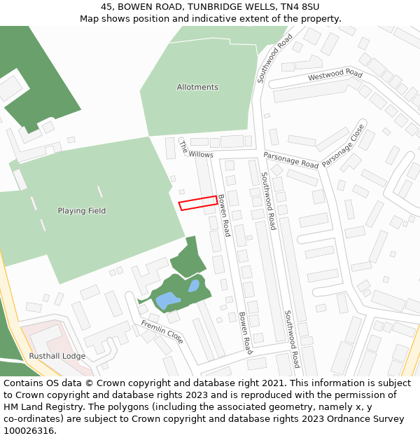 45, BOWEN ROAD, TUNBRIDGE WELLS, TN4 8SU: Location map and indicative extent of plot