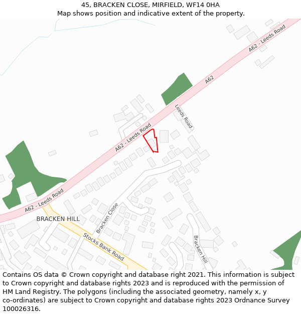 45, BRACKEN CLOSE, MIRFIELD, WF14 0HA: Location map and indicative extent of plot