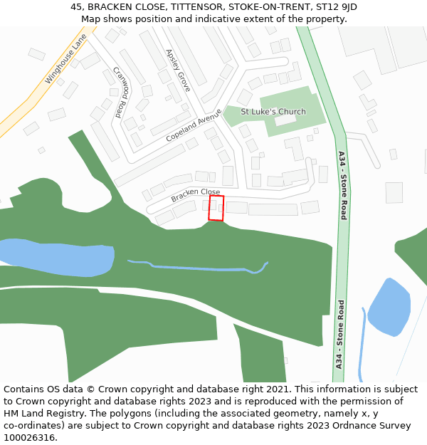 45, BRACKEN CLOSE, TITTENSOR, STOKE-ON-TRENT, ST12 9JD: Location map and indicative extent of plot