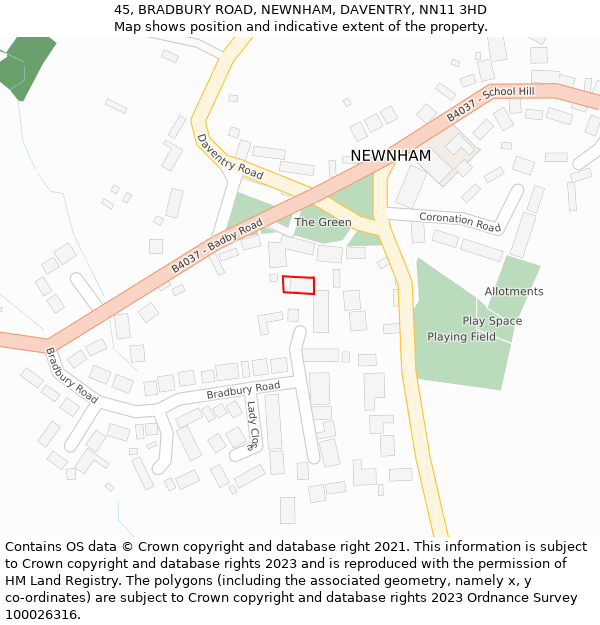 45, BRADBURY ROAD, NEWNHAM, DAVENTRY, NN11 3HD: Location map and indicative extent of plot