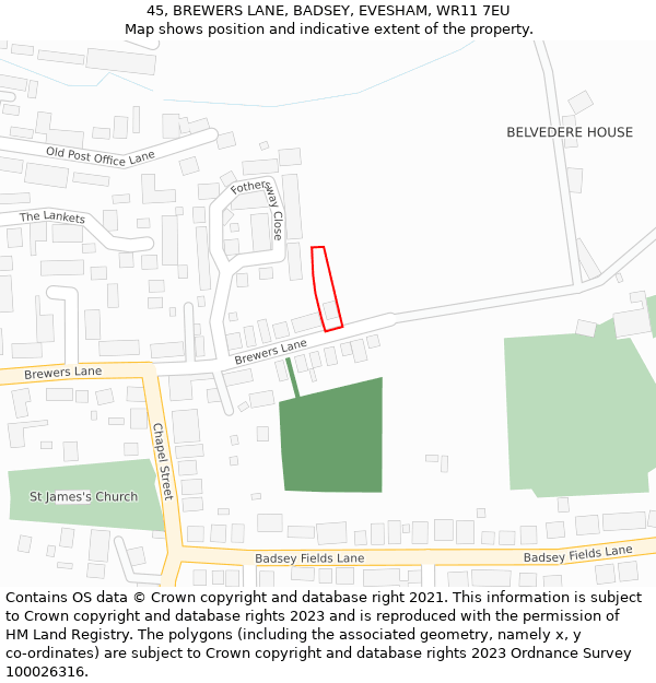 45, BREWERS LANE, BADSEY, EVESHAM, WR11 7EU: Location map and indicative extent of plot