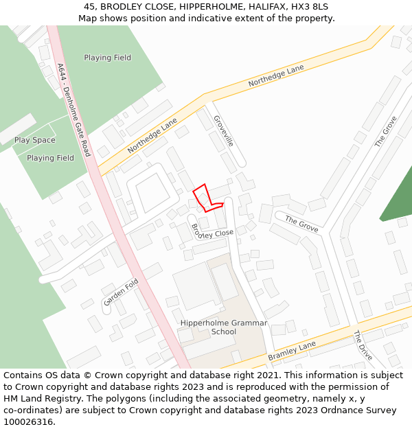 45, BRODLEY CLOSE, HIPPERHOLME, HALIFAX, HX3 8LS: Location map and indicative extent of plot