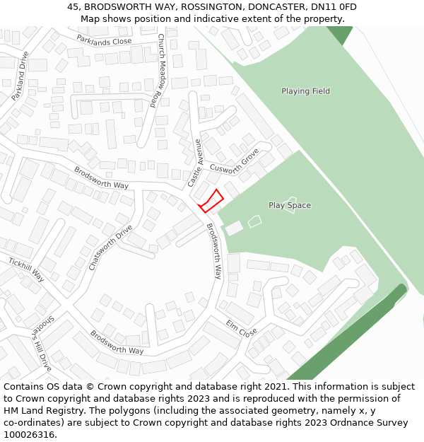 45, BRODSWORTH WAY, ROSSINGTON, DONCASTER, DN11 0FD: Location map and indicative extent of plot