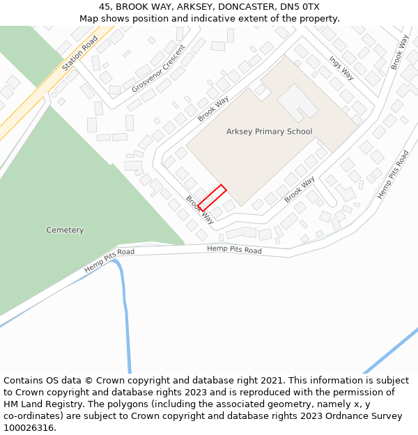 45, BROOK WAY, ARKSEY, DONCASTER, DN5 0TX: Location map and indicative extent of plot