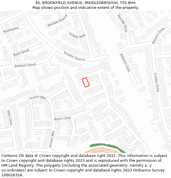 45, BROOKFIELD AVENUE, MIDDLESBROUGH, TS5 8HA: Location map and indicative extent of plot