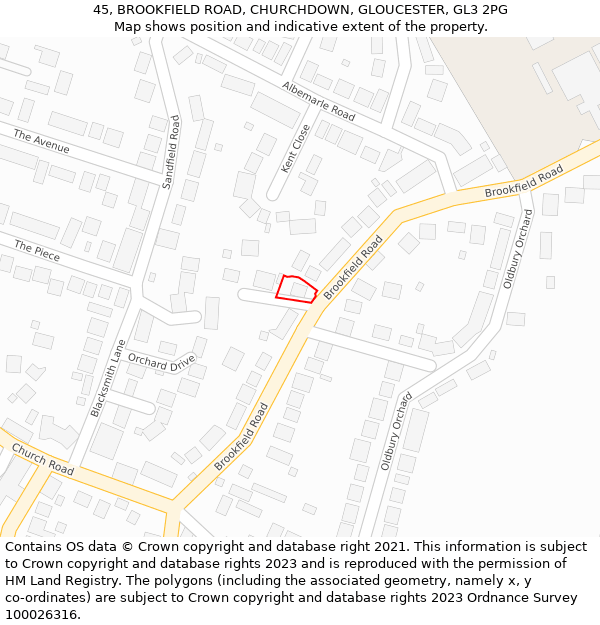 45, BROOKFIELD ROAD, CHURCHDOWN, GLOUCESTER, GL3 2PG: Location map and indicative extent of plot
