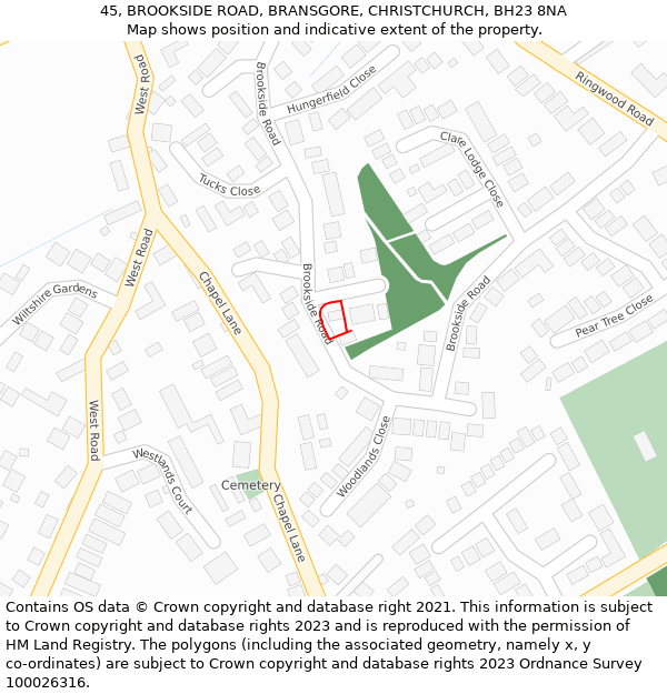 45, BROOKSIDE ROAD, BRANSGORE, CHRISTCHURCH, BH23 8NA: Location map and indicative extent of plot