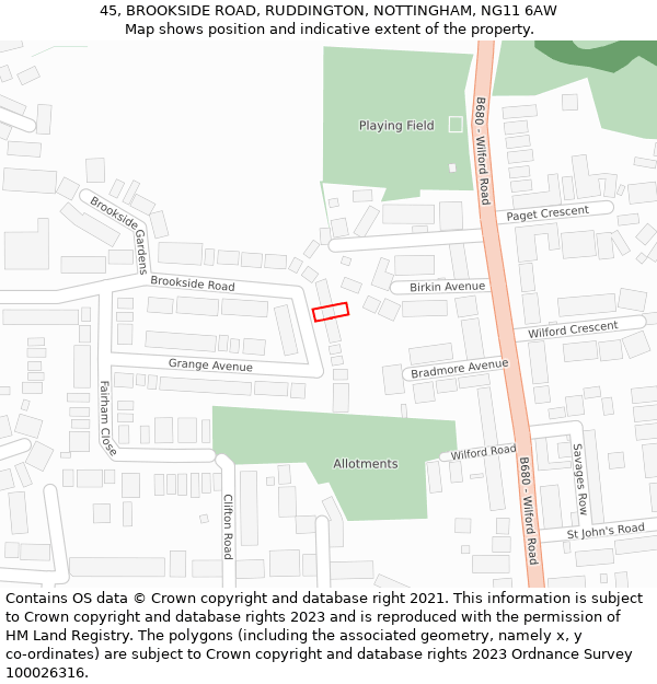 45, BROOKSIDE ROAD, RUDDINGTON, NOTTINGHAM, NG11 6AW: Location map and indicative extent of plot