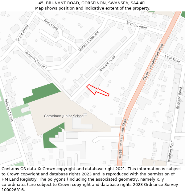 45, BRUNANT ROAD, GORSEINON, SWANSEA, SA4 4FL: Location map and indicative extent of plot