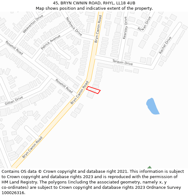 45, BRYN CWNIN ROAD, RHYL, LL18 4UB: Location map and indicative extent of plot