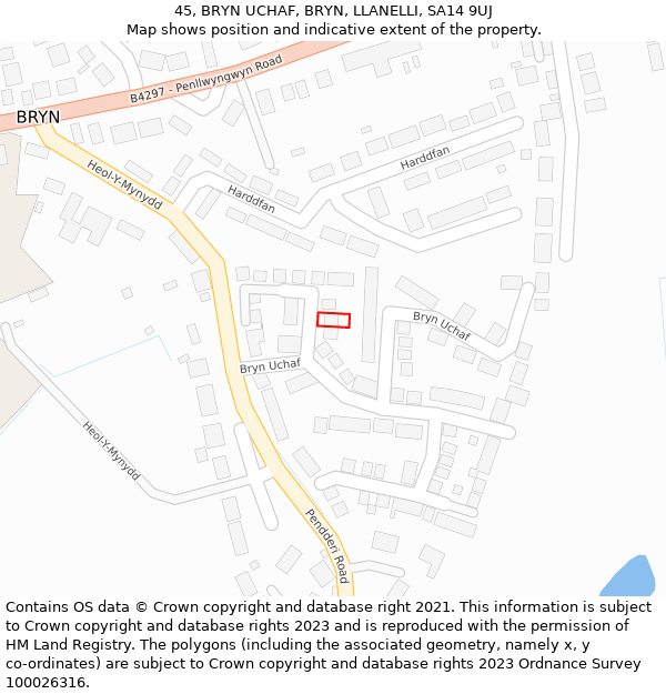 45, BRYN UCHAF, BRYN, LLANELLI, SA14 9UJ: Location map and indicative extent of plot
