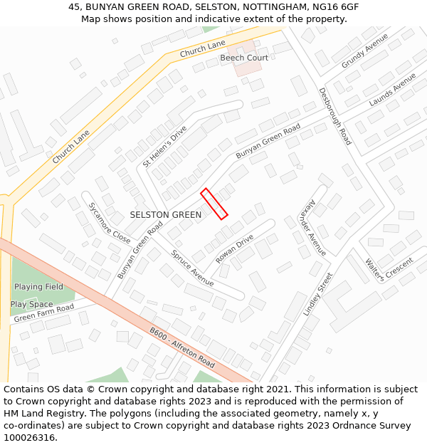 45, BUNYAN GREEN ROAD, SELSTON, NOTTINGHAM, NG16 6GF: Location map and indicative extent of plot